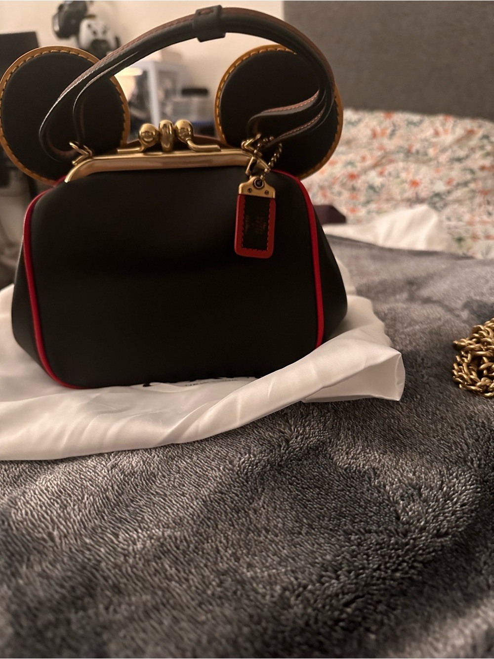 Black Women's Top-Handle Bag with Red Trim